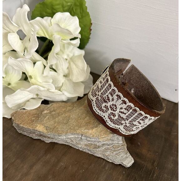 Unbranded Jewelry - Leather/Lace Bracelet /Cuff Repurposed Leather With Faux Pearl Clasp Adjustable